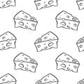 Seamless pattern with the image of a piece of cheese in a sketch style. Funny black and white print. Royalty Free Stock Photo